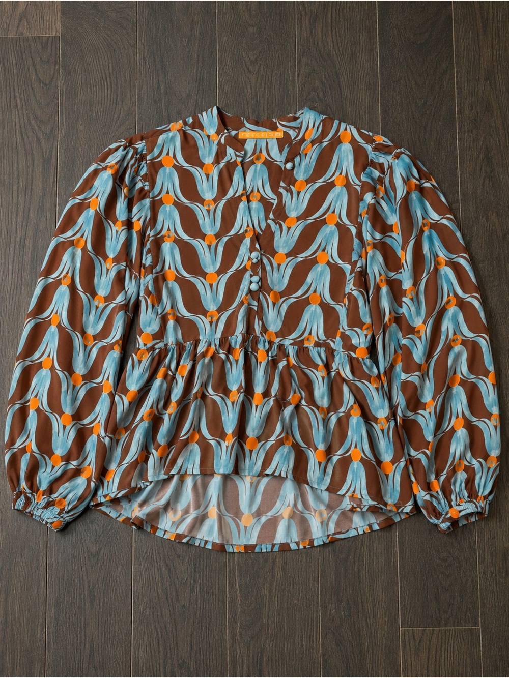 Oliphant Boho Top XS Printed Puff-Sleeve Peplum Blouse in Brown & Blue